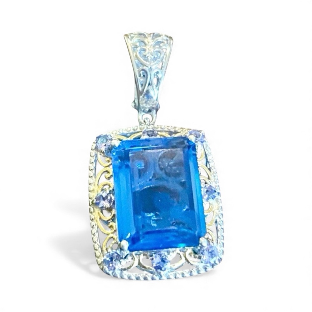 1990’s 925 Sterling Silver Glass Sapphire Estate Pendant, Stamped STS 925
